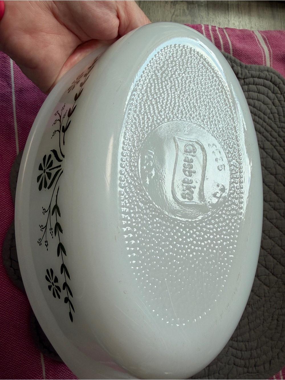 Vintage White Milk Glass Casserole Dish with Green Floral Pattern and Glass Lid - Picture 3 of 7